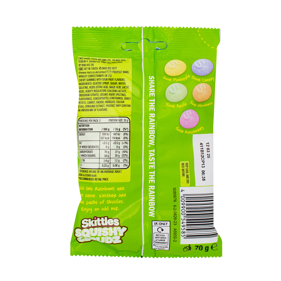 Skittles Fruit Squishy Cloudz Sours (UK) - 70g  Nutrition Facts Ingredients