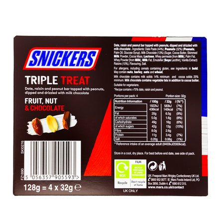 Snickers Triple Treat Fruit & Nut 4pk (UK) - 128g - British Chocolate   Nutrition Facts Ingredients