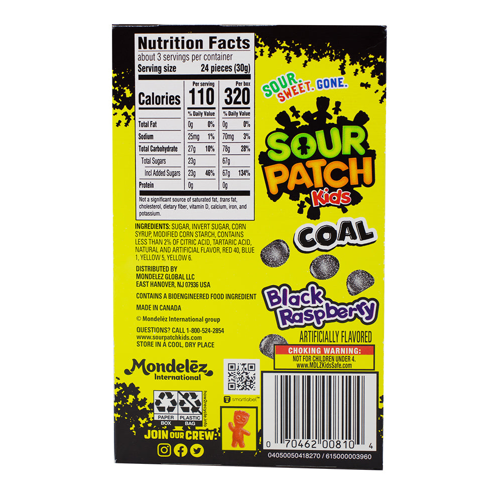 Sour Patch Kids Coal - 3.1oz Nutrition Facts Ingredients -Sour Candy - Christmas Candy 