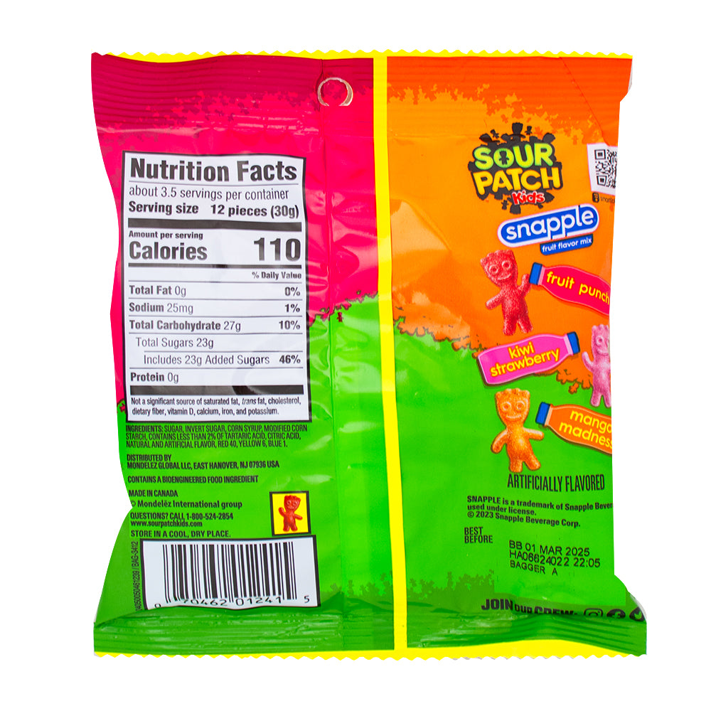 Sour Patch Kids Snapple Fruit Flavor Mix - 3.61oz  Nutrition Facts Ingredients
