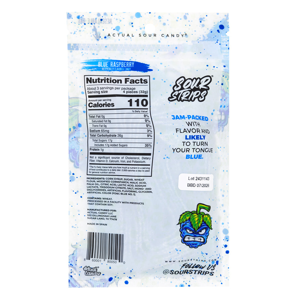 Sour Raspberry Chips Sour Strips Blue Raspberry - 96g | Candy Funhouse US