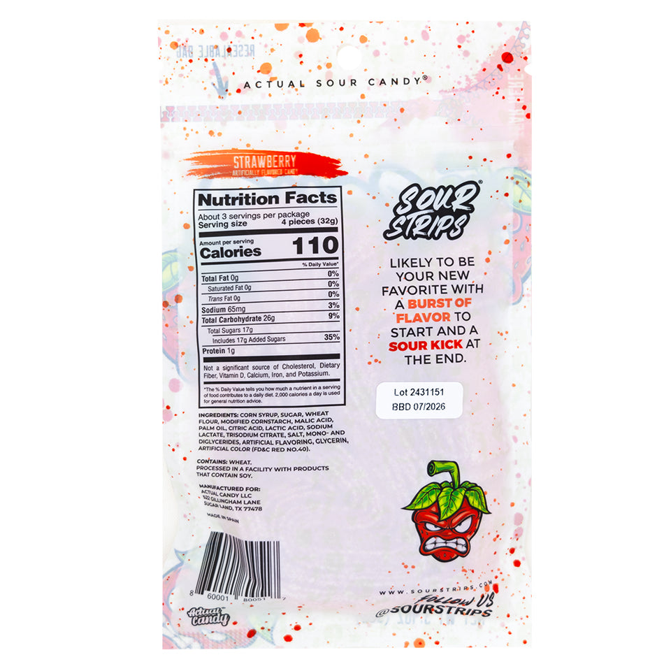 Sour Strips Strawberry - 96g  Nutrition Facts Ingredients
