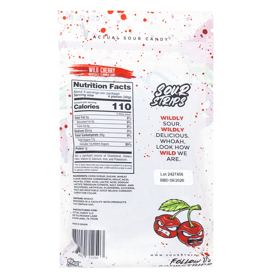 Sour Strips Wild Cherry - 96g  Nutrition Facts Ingredients
