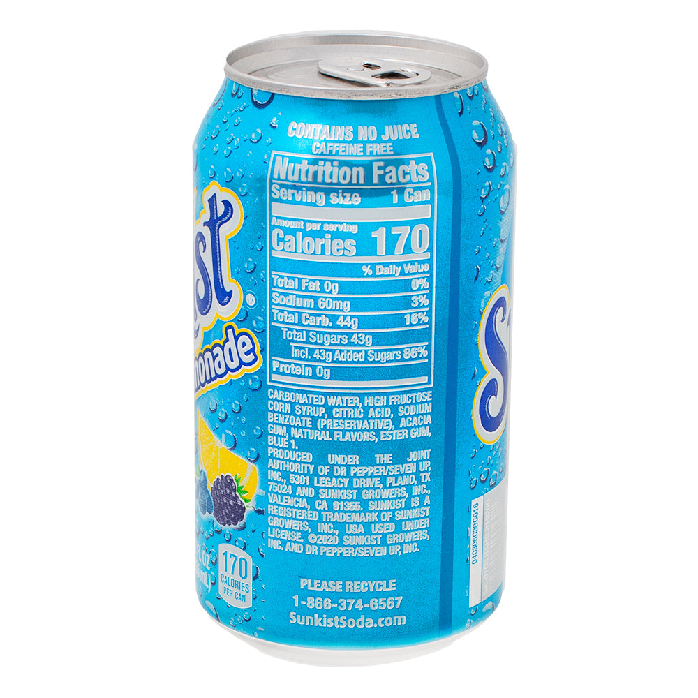 Sunkist Berry Lemonade Soda - 355mL  Nutrition Facts Ingredients