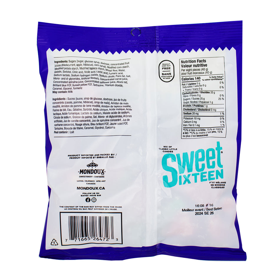 Sweet Sixteen Sweet & Sour - 185g Nutrition Facts Ingredients-Sour Candy-Gummies-Canadian Candy 
