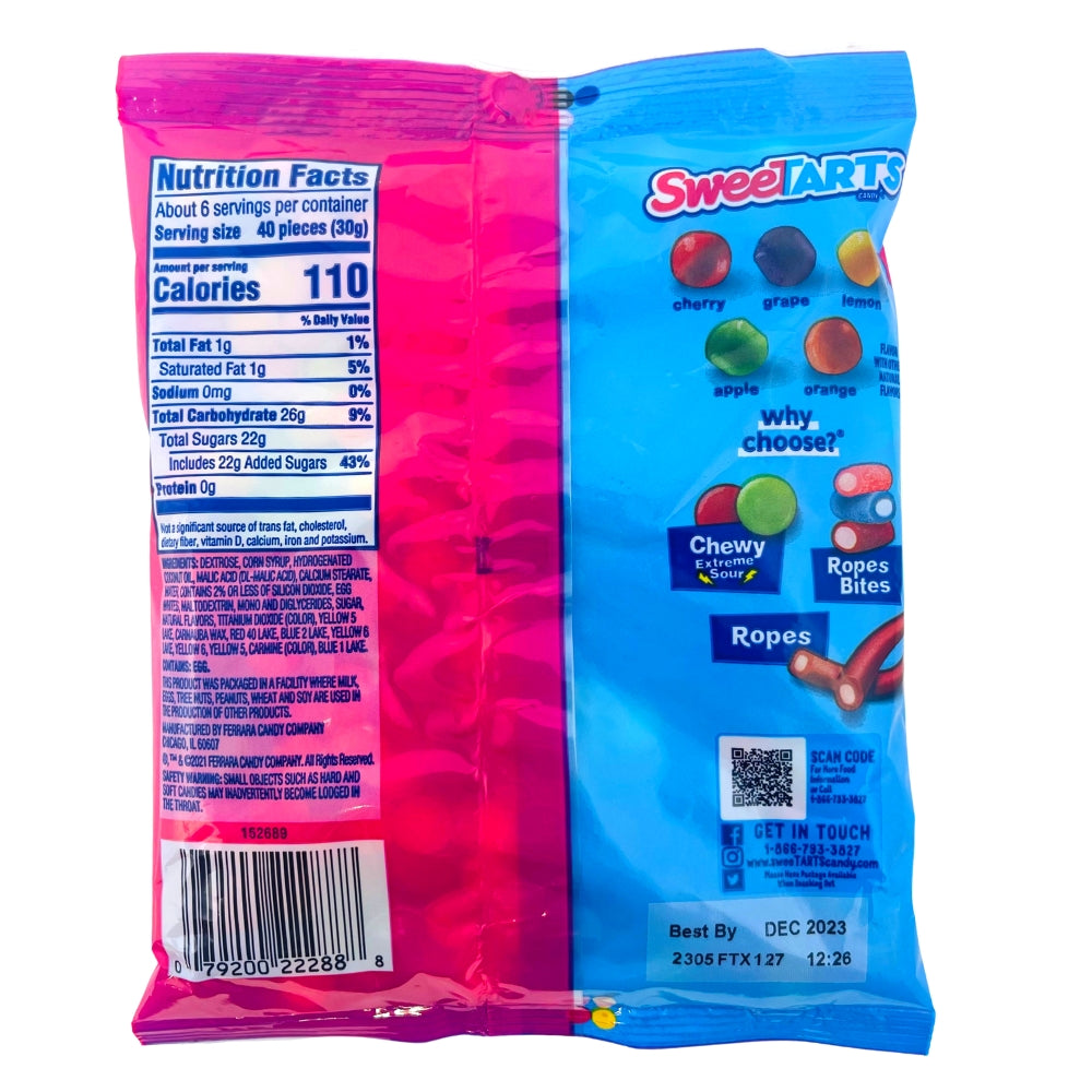 Sweetarts Mini Chewy Peg Bag - 6oz Nutrition Facts Ingredients-Wonka-Chewy Candy-Sweetarts 