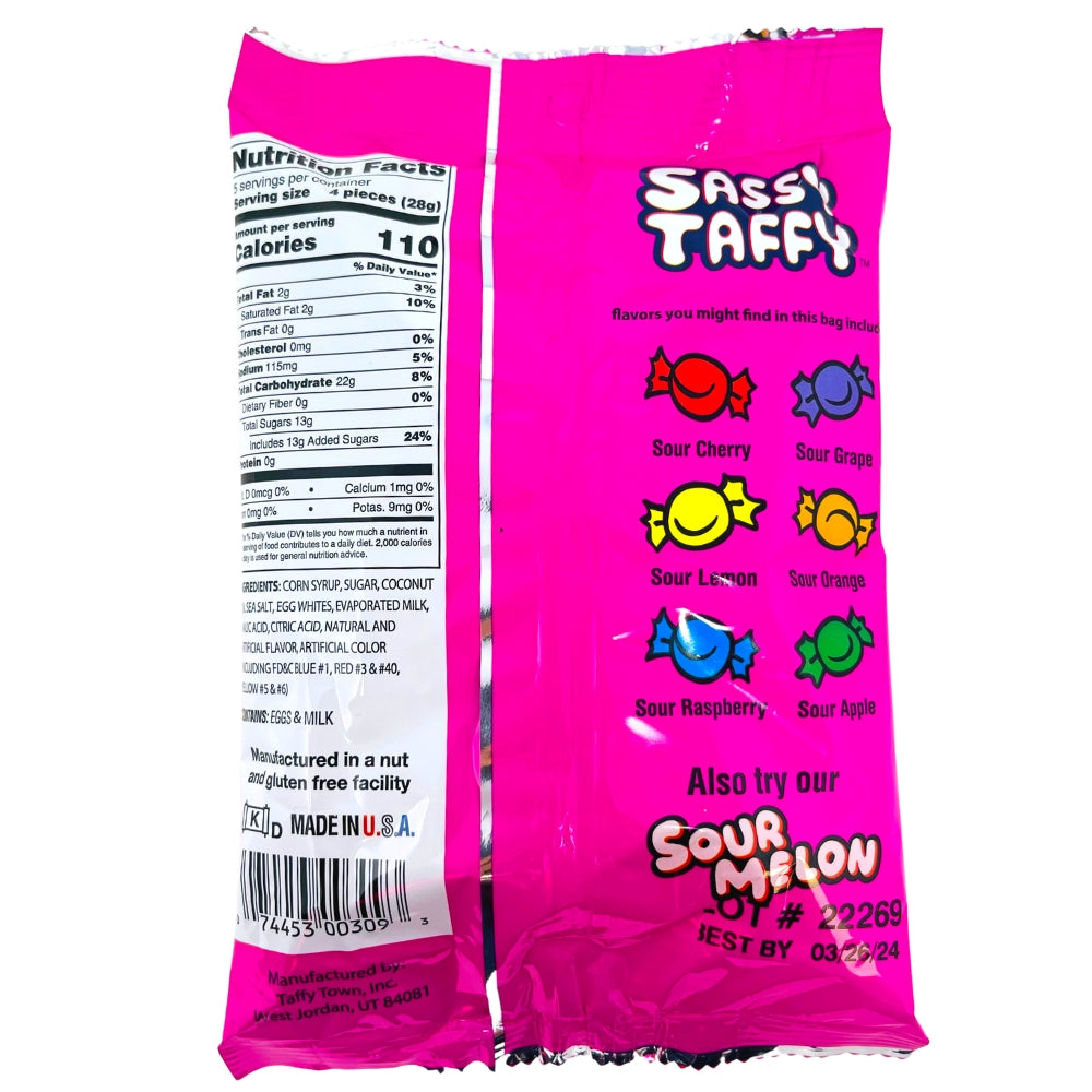 Taffy Town Sassy Taffy - 4.5oz Nutrition Facts Ingredients-Taffy-Sour Candy