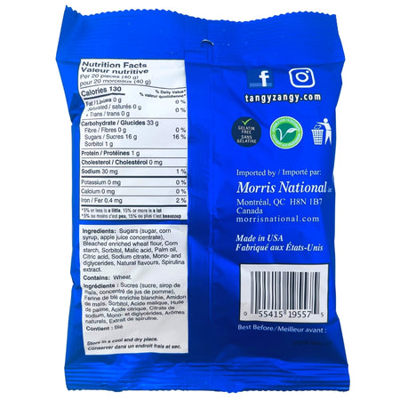 Tangy Zangy Sour Blue Raspberry Squares - 127g Nutrition Facts Ingredients-Sour candy-Blue Raspberry-gummies