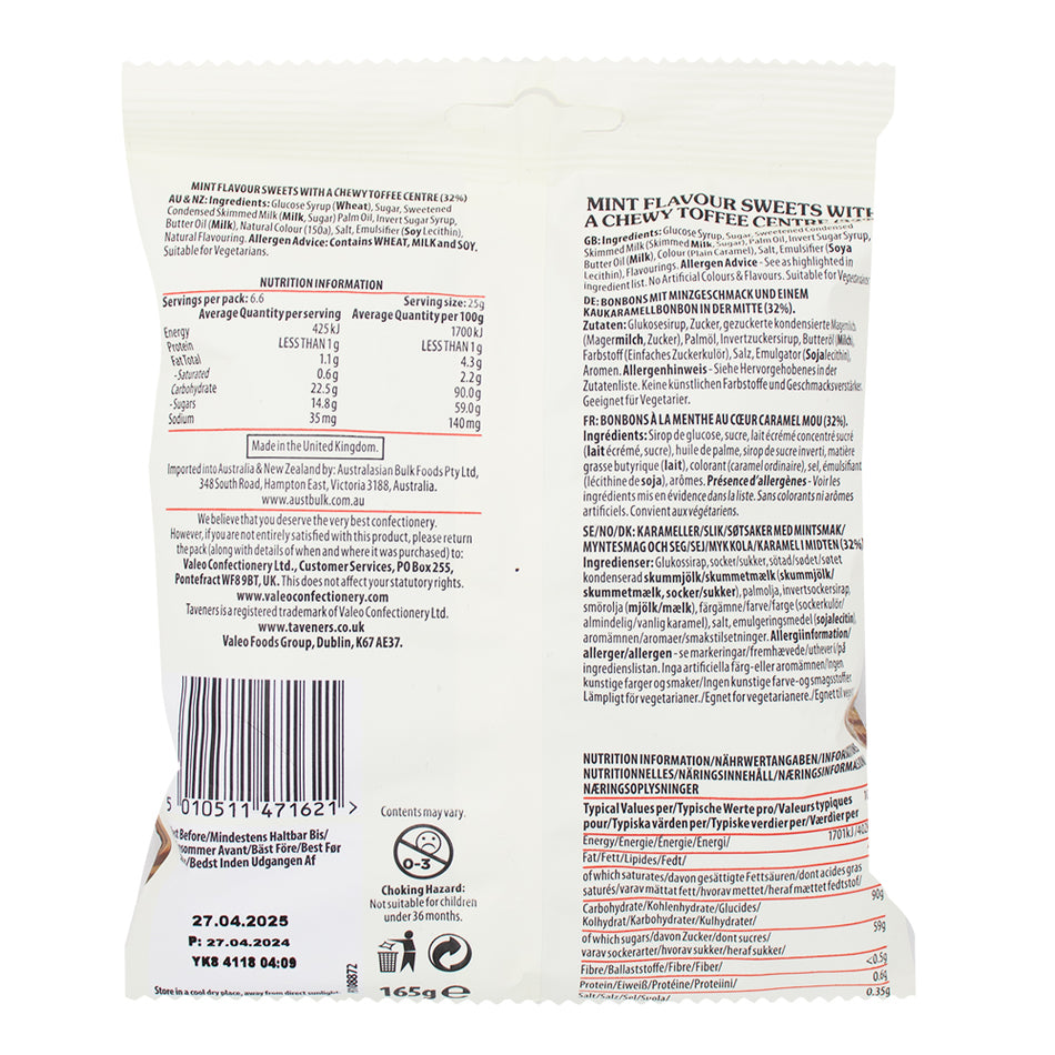 Taveners Mint Humbugs - 165 g  Nutrition Facts Ingredients