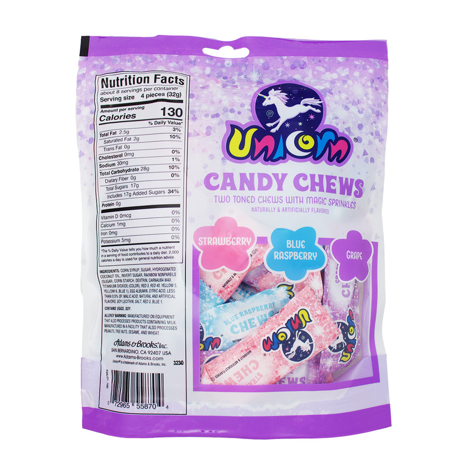 Adams & Brooks Unicorn Chews - 8.75oz Nutrition Facts Ingredients-Sprinkles-Gummies-Blue Raspberry-Strawberry Candy