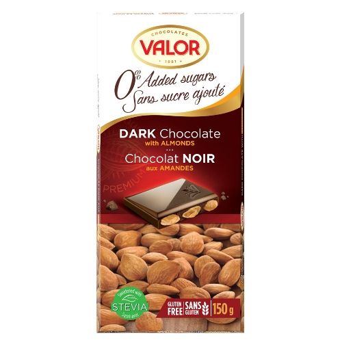 Valor Dark Chocolate with Almonds Sugar Free-150 g, Valor chocolate, spanish chocolate, dark chocolate, spanish dark chocolate, almond chocolate, chocolate almond, almond dark chocolate