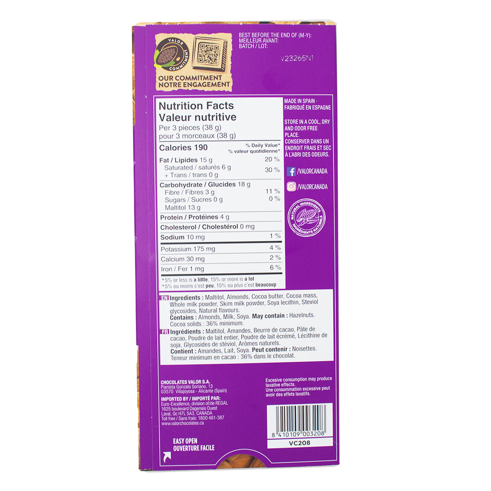 Valor Milk Chocolate with Almonds Sugar Free - 150 g   Nutrition Facts Ingredients