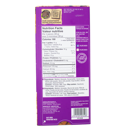 Valor Milk Chocolate with Almonds Sugar Free - 150 g   Nutrition Facts Ingredients