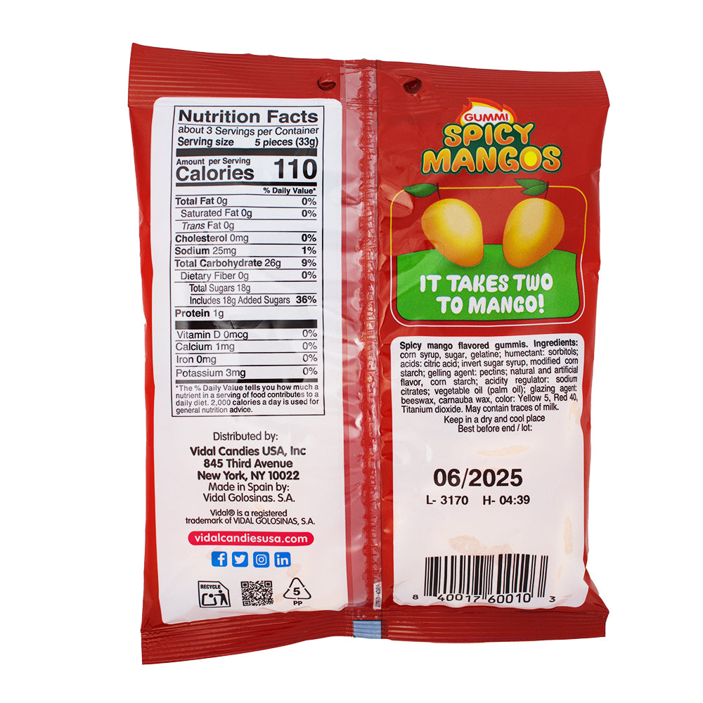 Vidal Filled Spicy Mango - 3.5oz Nutrition Facts Ingredients - Spicy Candy - Gummies