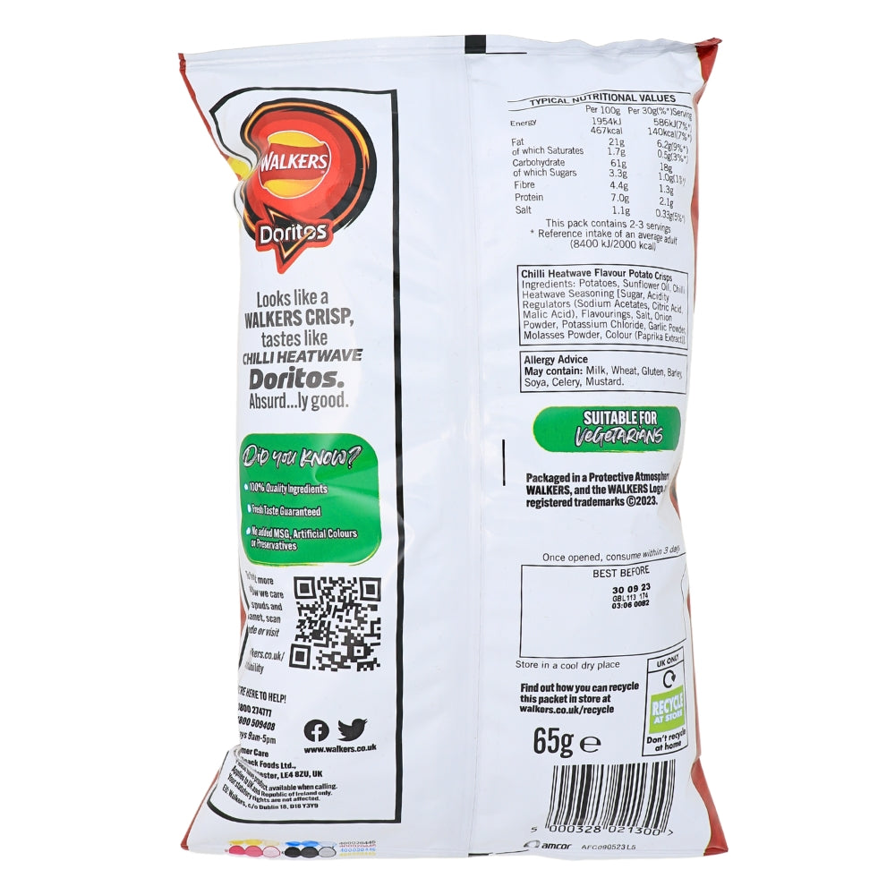 Walkers Doritos Chilli Heatwave - 65g (UK) Nutrition Facts Ingredients-Walkers Crisps-Doritos Flavors-Hot Chips
