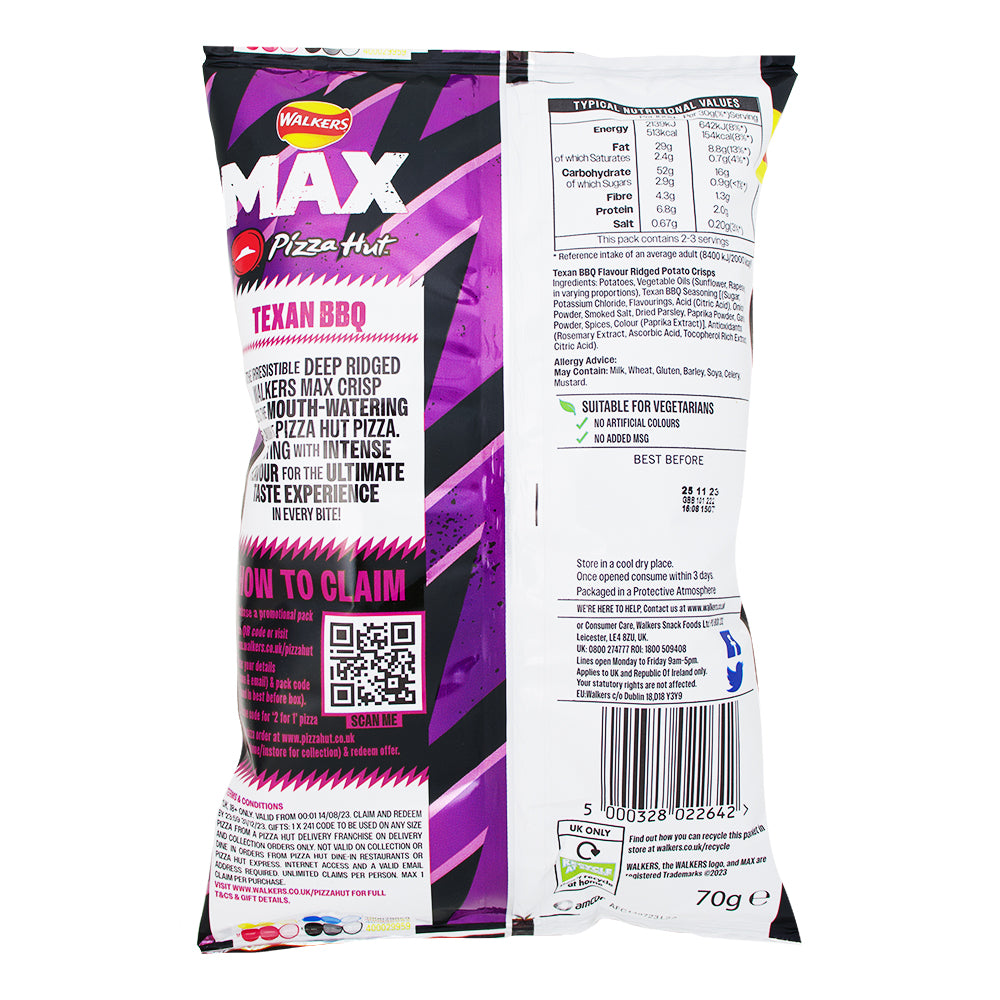 Walkers Pizza Hut Texas BBQ - 70g Nutrition Facts Ingredients-Walkers-Walker Chips-BBQ Chips-Pizza Chips