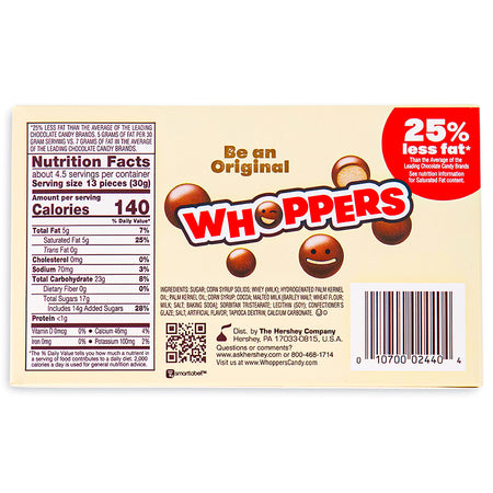 Whoppers Candy - Theater Pack - 5oz - Whopper candy - 40s Candy - Nutrition Facts - Ingredients