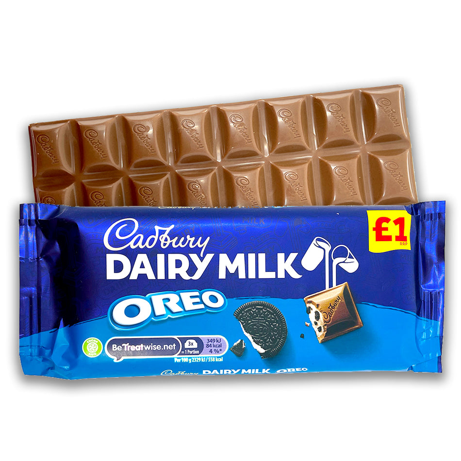 Cadbury Dairy Milk Oreo Bars UK 120g Opened, Cadbury Chocolate, Cadbury Milk Chocolate, Oreo Chocolate, Oreo Milk Chocolate