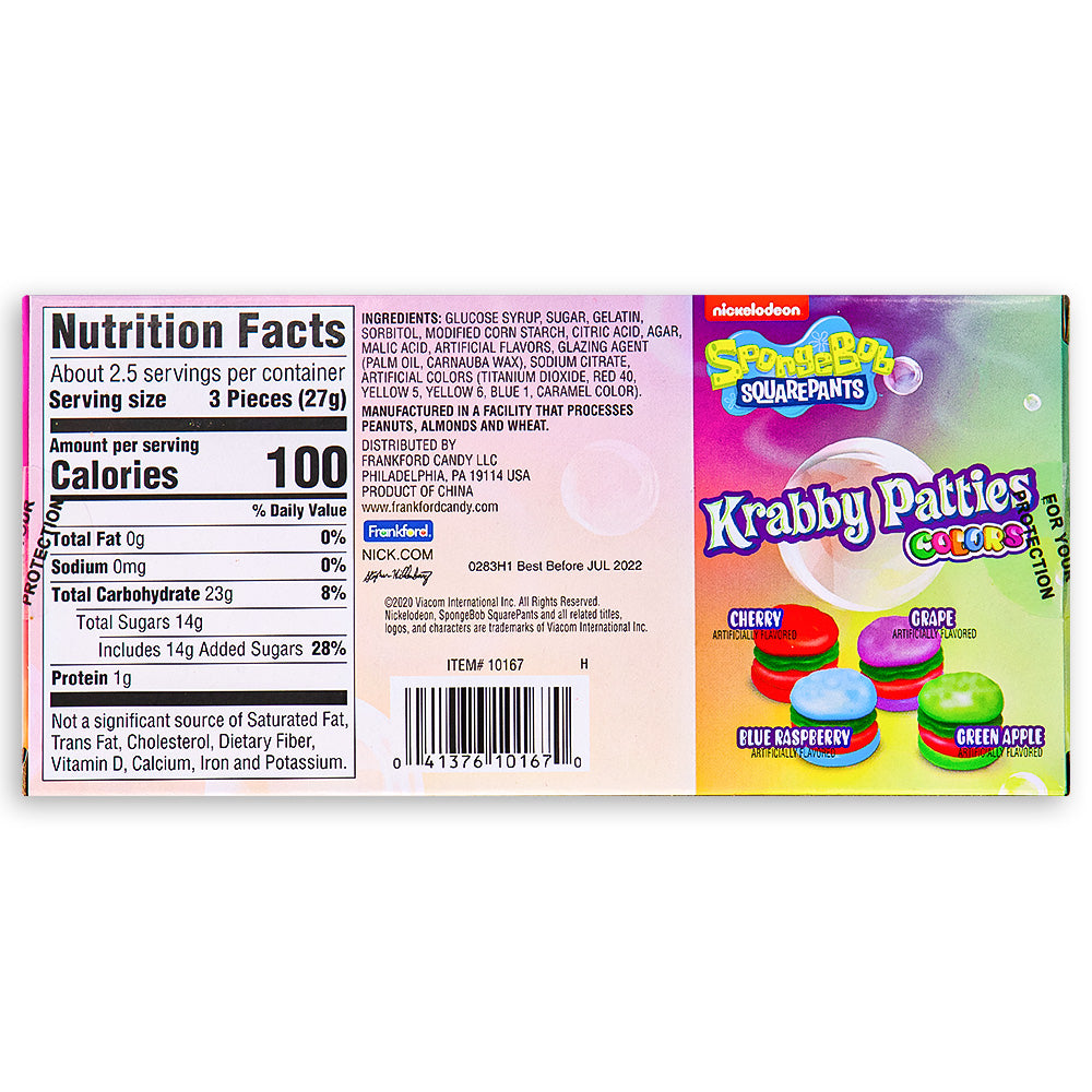 SpongeBob Gummy Krabby Patties Colors Theater Box Back - Movie theater candy - Ingredients - Nutritional Facts
