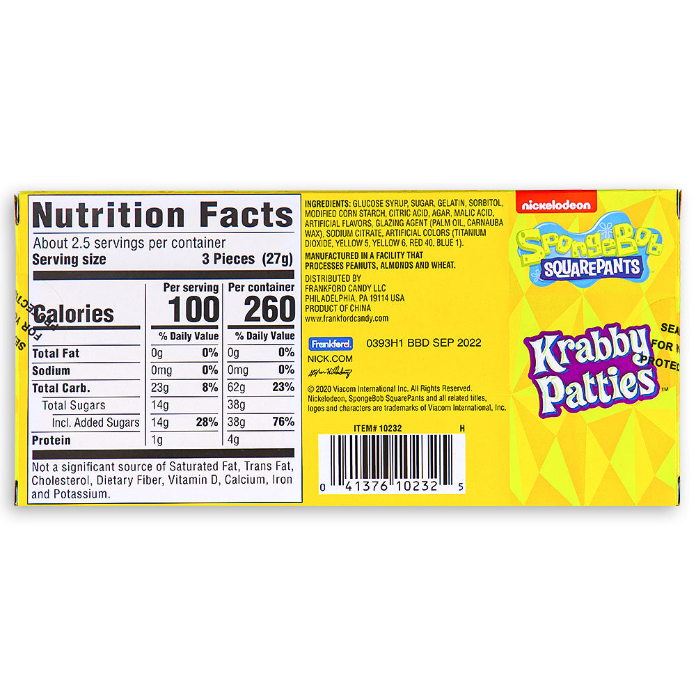 SpongeBob SquarePants Krabby Patties Candy Theater Pack Back - Movie theater candy from under the sea!  - Nutritional Facts - Ingredients