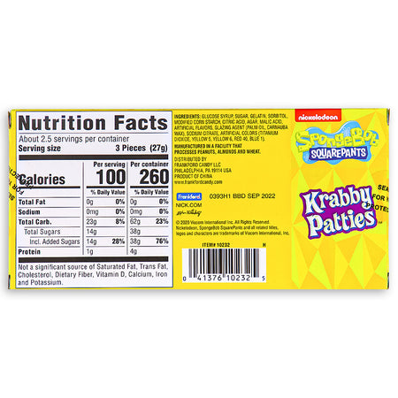 SpongeBob SquarePants Krabby Patties Candy Theater Pack Back - Movie theater candy from under the sea!  - Nutritional Facts - Ingredients
