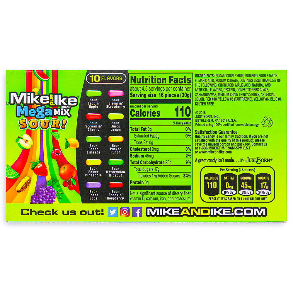 Mike and Ike Mega Mix Sour Candy 5oz Back - Theater Box Candy - Nutritional Facts - Ingredients