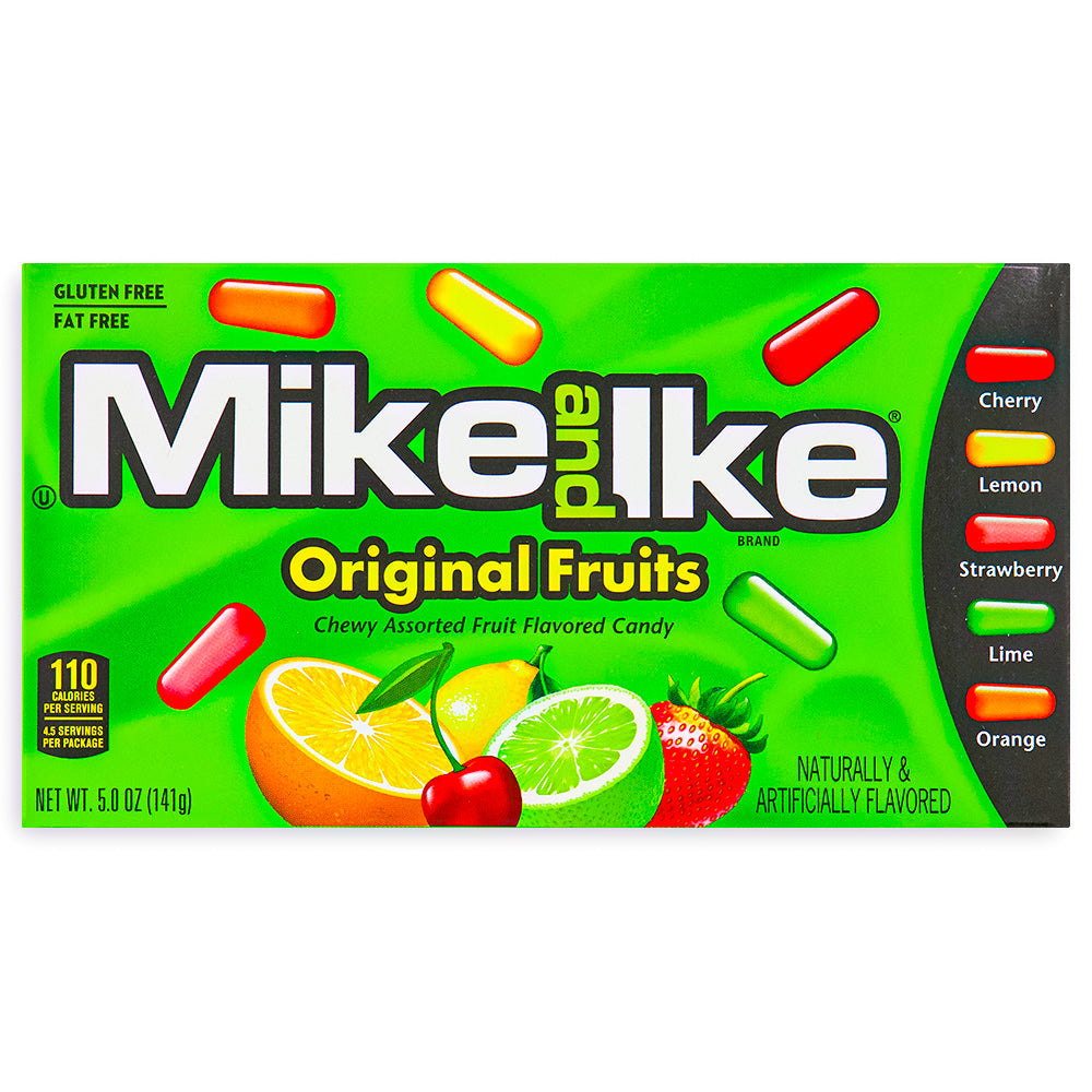 Mike and Ike Original Fruits Theatre Pack 5oz Front, Mike and Ike Original Fruits, Fruit-flavored candy, Chewy candy, Fruit explosion, Candy theater pack, Flavorful candies, Fruit sensation, Cherry, lemon, strawberry, lime, orange, Sweet treats, Fruity delights, Candy Funhouse snacks, Fun candy flavors
