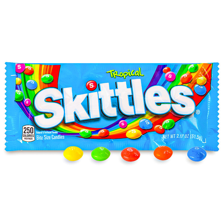 Skittles Tropical Candies 61.5g Open, Skittles, skittles candy, original skittles, skittles tropical, tropical skittles, tropical candy