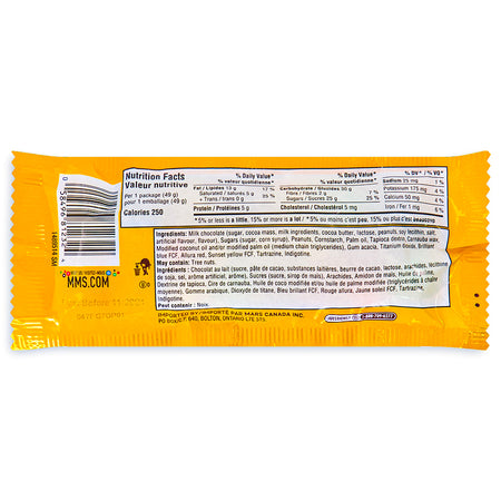 M&M's Peanut Chocolate Candies 1.74oz Back - Nutritional Facts - Ingredients