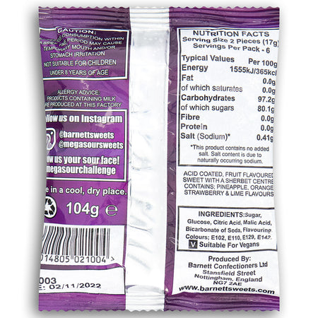 Barnetts Mega Sour Fruits UK Back - Most Sour Candy in the World - Nutritional Facts - Ingredients