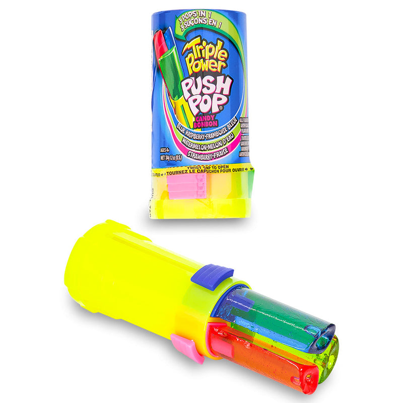 Triple Power Push Pop 1.2 oz. Open, push pops, push pops candy, push pop, push pop candy, 90s candy, nostalgic candy, retro candy, triple power push pop, triple power push pop candy