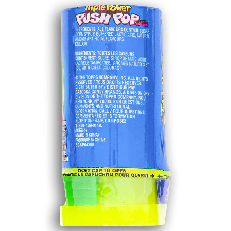 Triple Power Push Pop 1.2 oz. Back Ingredients Nutrition Facts, push pops, push pops candy, push pop, push pop candy, 90s candy, nostalgic candy, retro candy, triple power push pop, triple power push pop candy