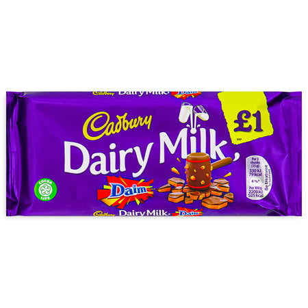 Cadbury Dairy Milk Daim UK Front, Cadbury Chocolate, Cadbury Milk Chocolate, Daim Chocolate