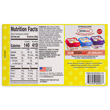 Peanut Butter Cookie Dough Bites Theatre Box Back Ingredients Nutrition Facts, peanut butter cookie dough, peanut butter cookie dough bites, cookie dough bites, peanut butter snacks, peanut butter candy