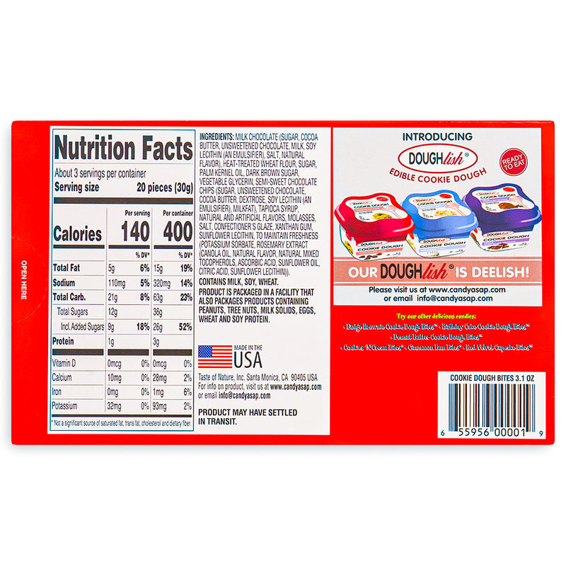The Original Chocolate Chip Cookie Dough Bites 3.1oz Back, Cookie dough bites, cookie dough candy, chocolate chip cookie dough bites, the original chocolate chip cookie dough bites 
