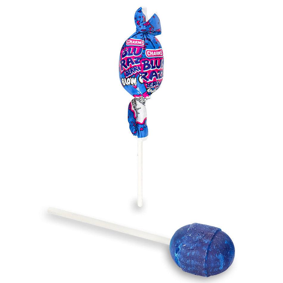 Charms Blow Pop Blue Razz Berry Open, charms lollipop, charms pop, bubble gum lollipop, blue candy, blue razz berry candy, retro candy, nostalgic candy