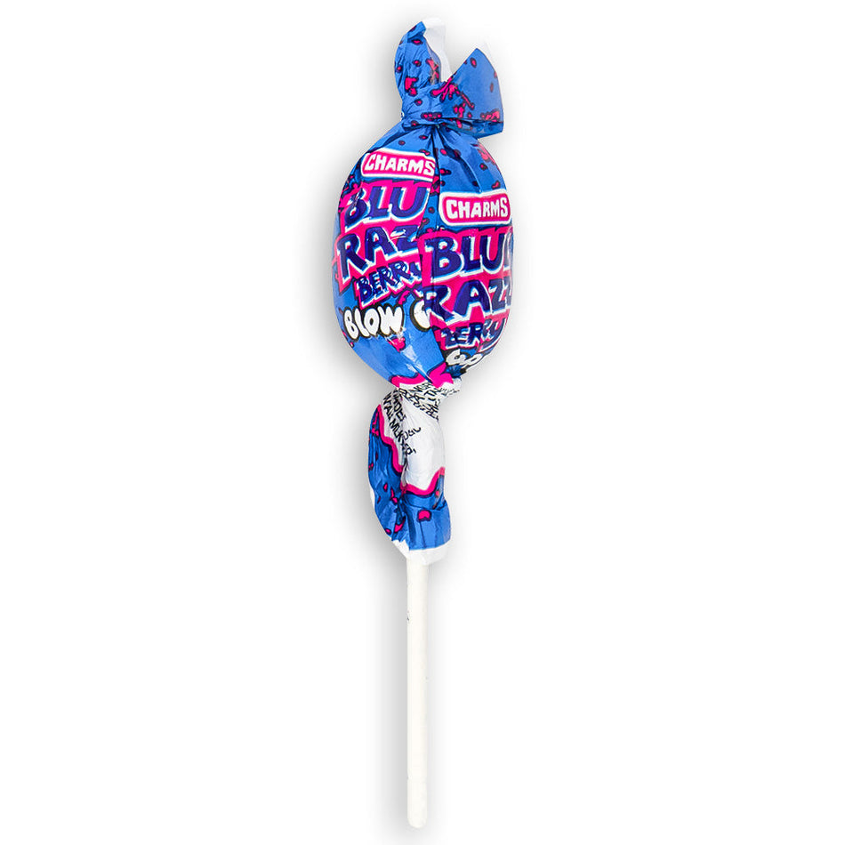 Charms Blow Pop Blue Razz Berry Front, charms lollipop, charms pop, bubble gum lollipop, blue candy, blue razz berry candy, retro candy, nostalgic candy