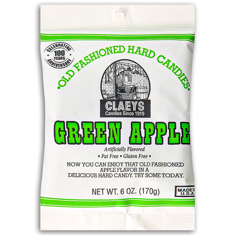 Claeys Green Apple Old Fashioned Hard Candies Front, Claeys Green Apple Old Fashioned Hard Candies, Crisp and tangy adventure, Transport your taste buds, Sun-drenched apple orchard, Zesty aroma of green apples, Miniature masterpiece, Hint of tartness and satisfying sweetness, Nostalgic treat, Orchard-fresh delight, Refreshing taste of green apples, claeys, claeys candy, old fashioned candy, hard candy, hard candies, old fashioned hard candy, green apple candy 