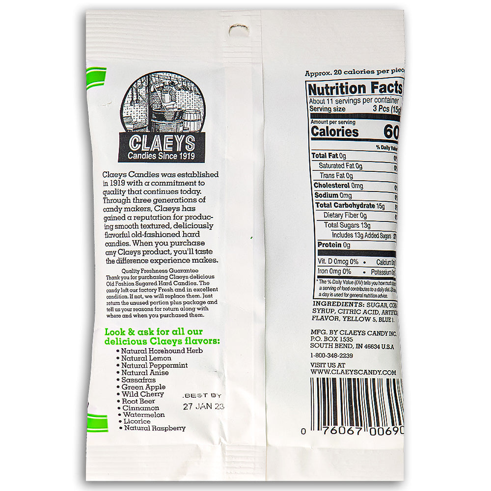 Claeys Green Apple Old Fashioned Hard Candies Back Nutrition Facts, Claeys Green Apple Old Fashioned Hard Candies, Crisp and tangy adventure, Transport your taste buds, Sun-drenched apple orchard, Zesty aroma of green apples, Miniature masterpiece, Hint of tartness and satisfying sweetness, Nostalgic treat, Orchard-fresh delight, Refreshing taste of green apples, claeys, claeys candy, old fashioned candy, hard candy, hard candies, old fashioned hard candy, green apple candy 