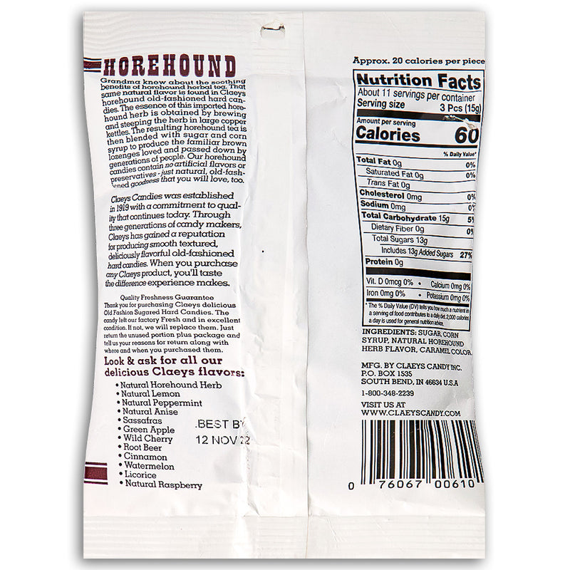 Claeys Horehound Old Fashioned Hard Candies Back, Hard Candies, Claeys Hard Candies, Horehound Hard Candy, Horehound Candy