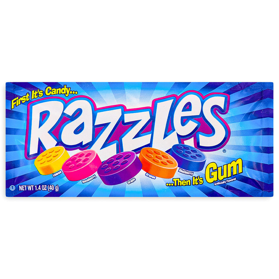 Razzles Candy 1.4 oz. Front, Razzles Candy, Candy adventure and delight, Burst of fruity goodness, razzles, razzles candy
