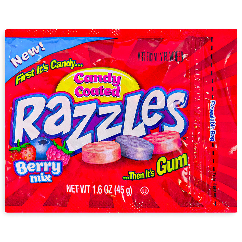 Razzles Berry Mix Candy - 45 g Front, Razzles Berry Mix Candy, Berrylicious candy experience, flavorful treat, Fruity explosion, Candy lover and gum enthusiast, Sweet taste of berry bliss, razzles, razzles candy