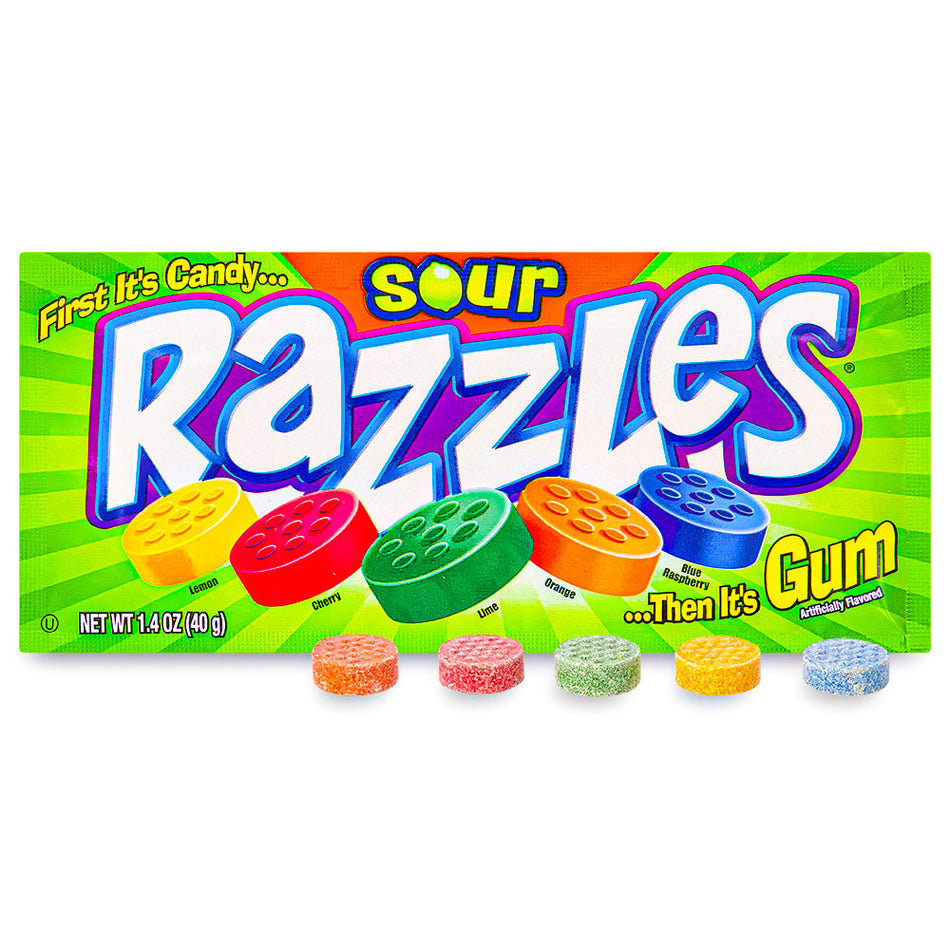 Razzles Sour Candy 1.4 oz. Open, Razzles Sour Candy, Sweet and sour excitement, Candy that transforms into gum, Sour aficionado, candy connoisseur, Flavor-packed experience, razzles, razzles candy, sour razzles, razzles sour