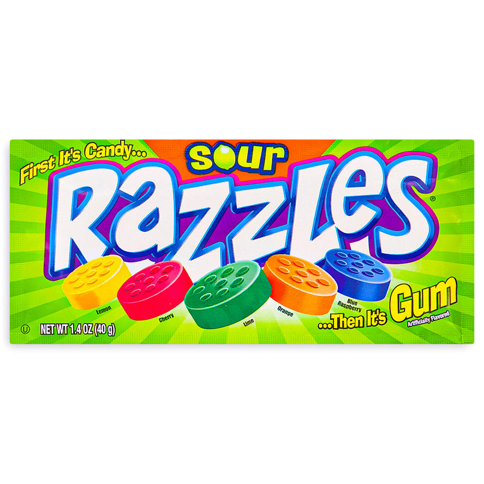 Razzles Sour Candy 1.4 oz. Front, Razzles Sour Candy, Sweet and sour excitement, Candy that transforms into gum, Sour aficionado, candy connoisseur, Flavor-packed experience, razzles, razzles candy, sour razzles, razzles sour