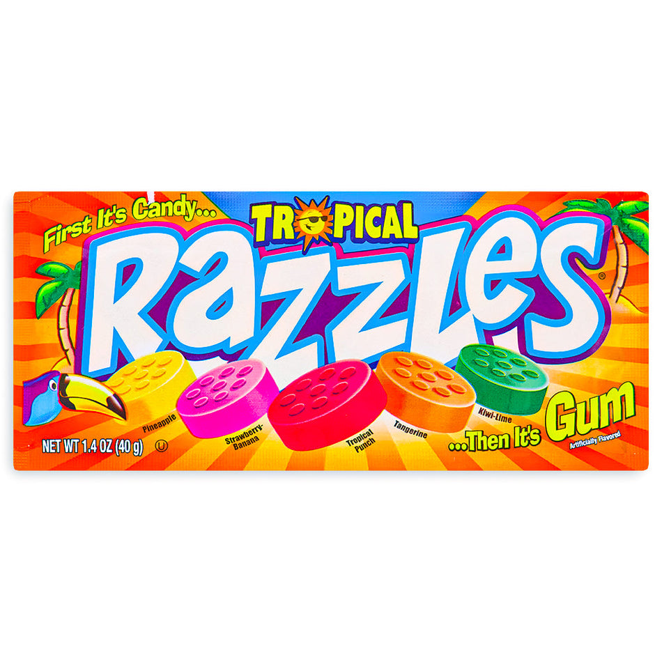 Razzles Tropical Candy 1.4 oz. Front, Razzles Tropical Candy, Sweet and exotic candy, Burst of fruity goodness, Candy that transforms into gum, razzles, razzles candy