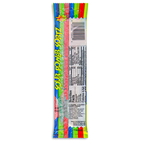 Sour Power Straws Sortz 4 Flavors  1.75oz Back - Sour Candies that make you pucker - Nutritional Facts - Ingredients