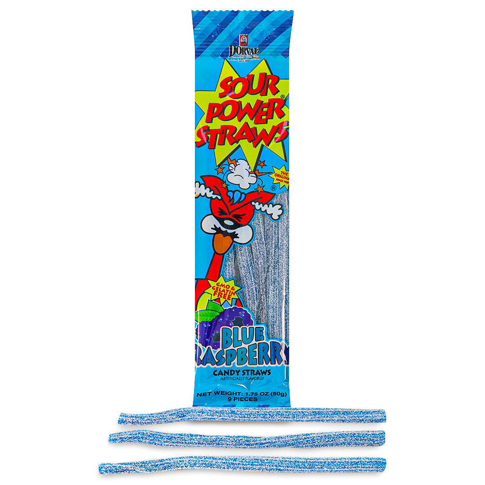 Sour Power Straws Blue Raspberry 1.75oz Candy Opened - Sour Candies