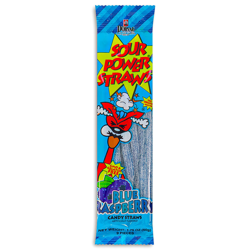 Sour Power Straws Blue Raspberry 1.75oz Candy Front - Sour Candies