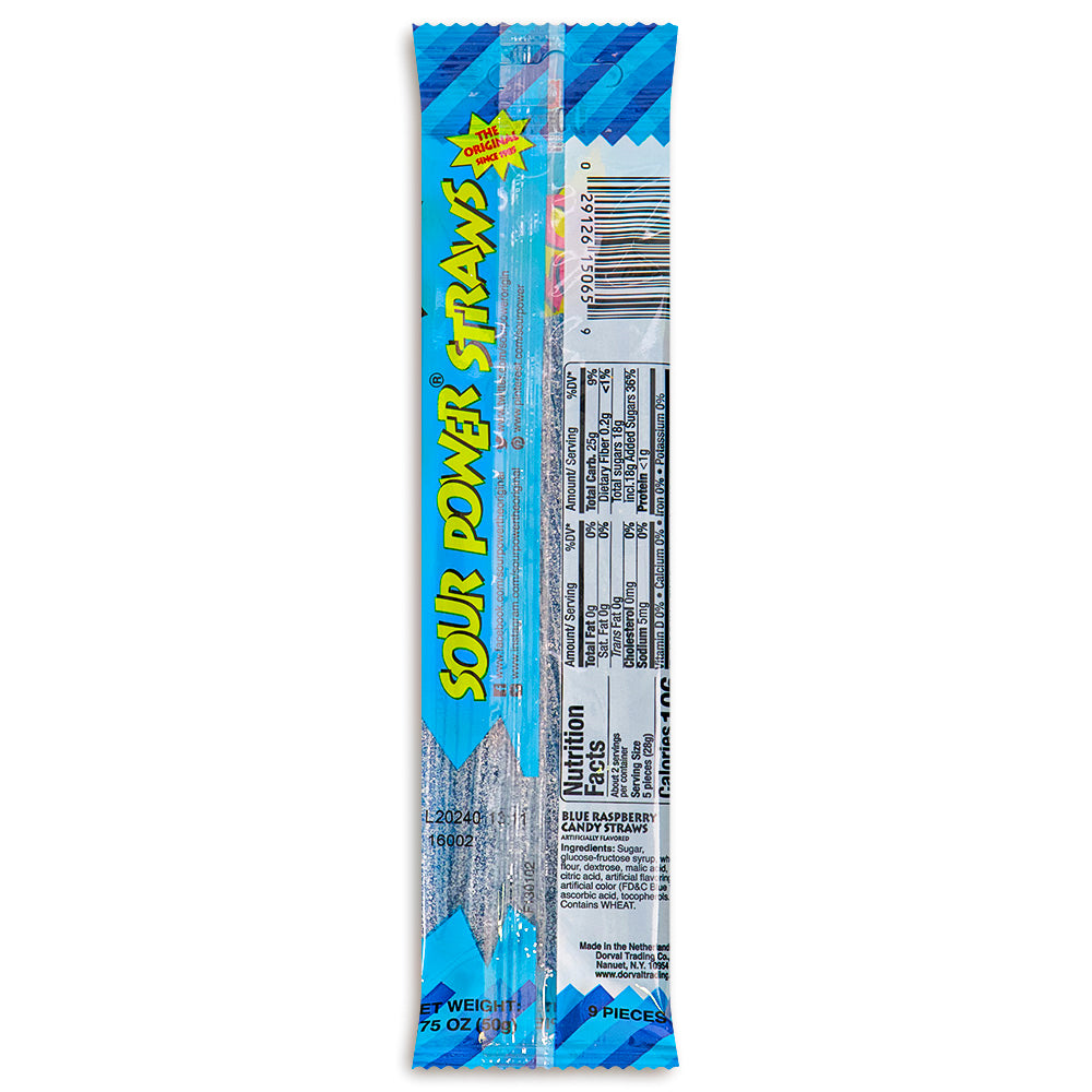 Sour Power Straws Blue Raspberry 1.75oz Candy Back - Sour Candies  - Nutritional Facts - Ingredients