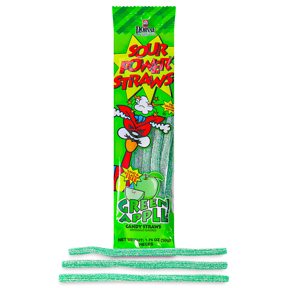 Sour Power Straws Green Apple 1.75oz Opened - Sour Candies